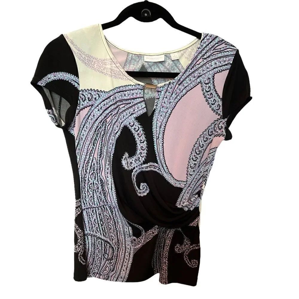 New York and Company Stretch blouse short sleeve Small Lavender, black, cream